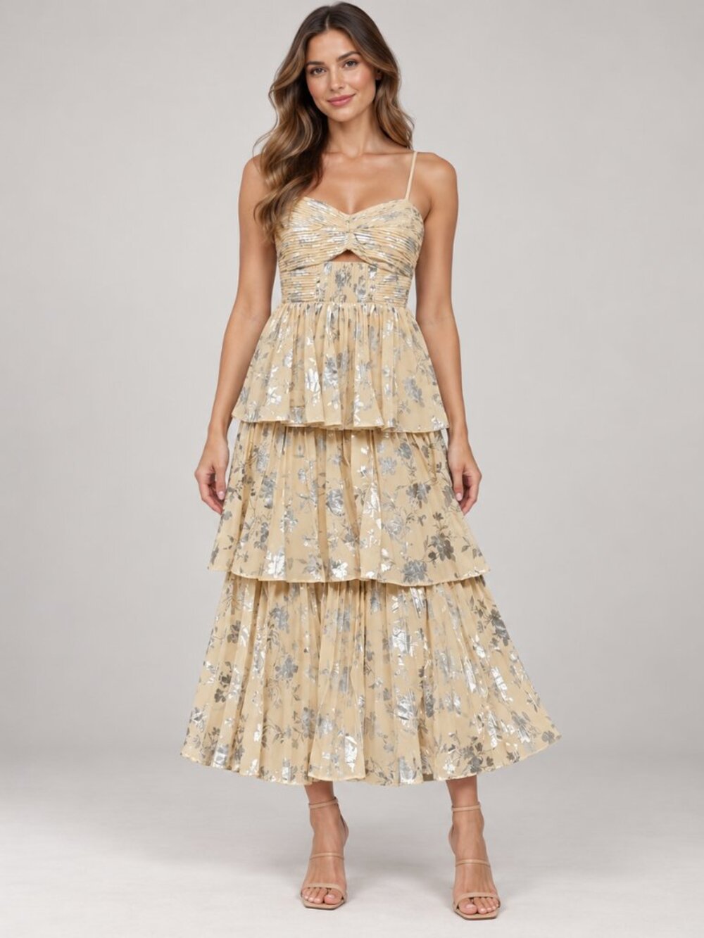 Self-Portrait Beige Dress with Silver Metallic Floral Detail